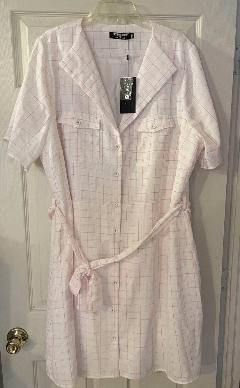 NWT Fashion Union Plus Pink White Checkered Robe Style Dress UK26 US22